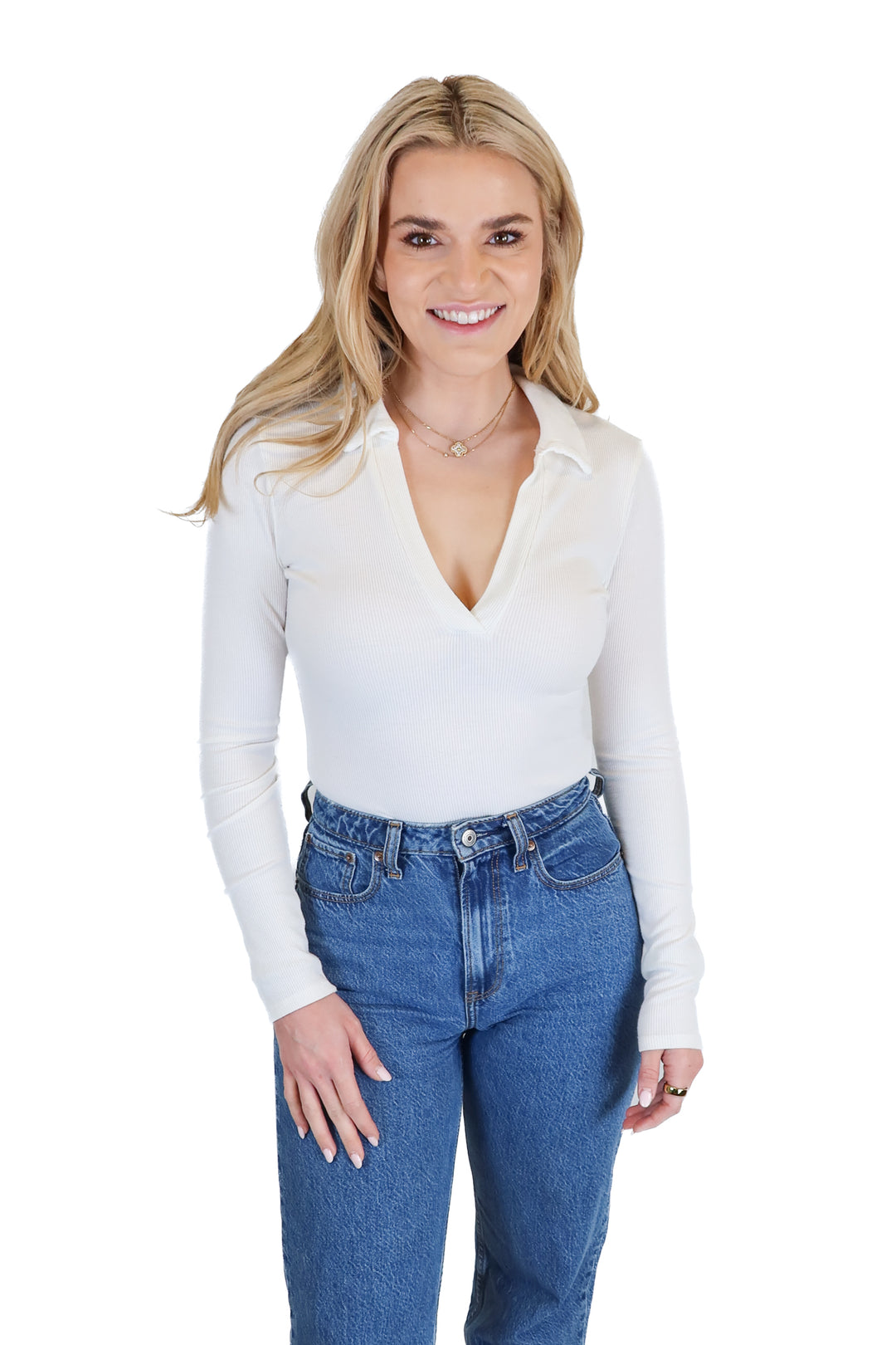 Vici Ivory Collared Rib Knit Bodysuit (S)