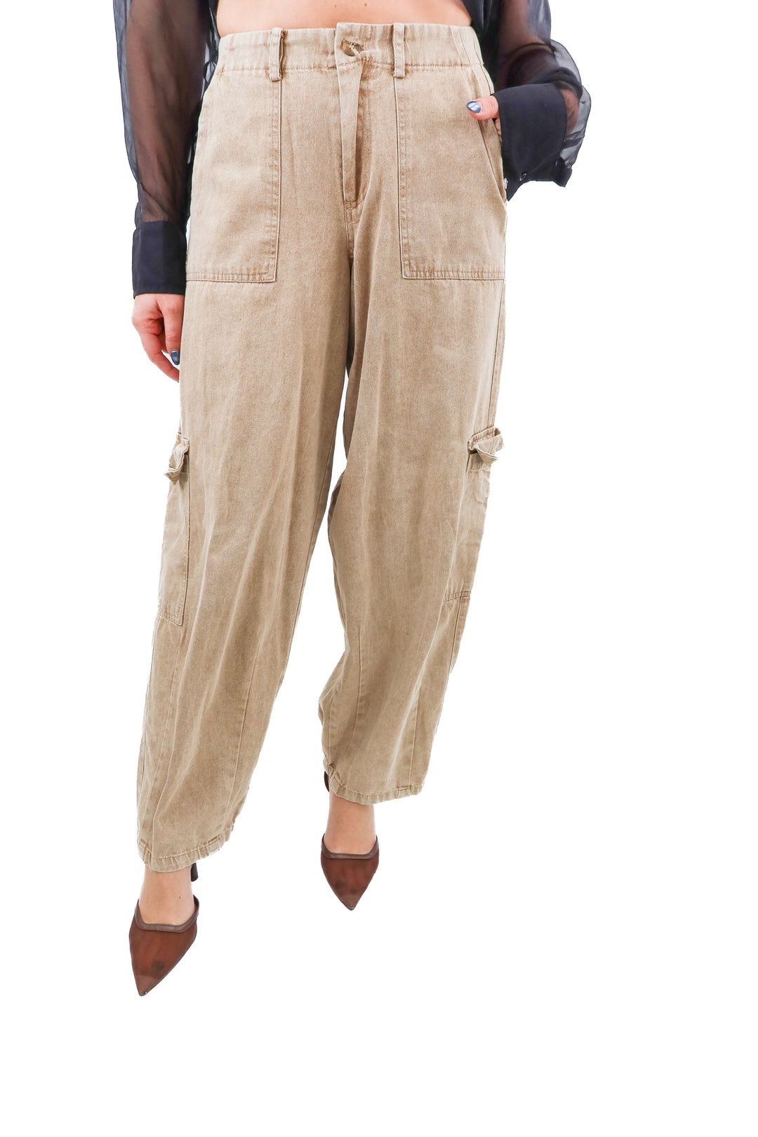 carly jean khaki washed baggy denim pants (S; retail $98)