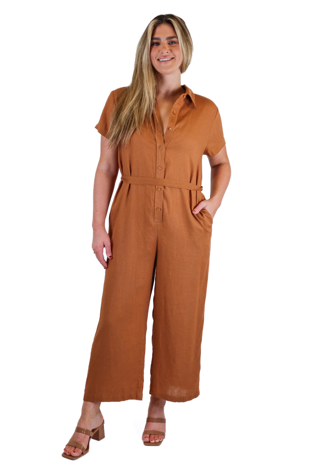 Aakaa Rust Linen Belted Jumpsuit NWT (S)