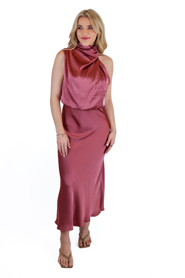 Petal + Pup Dusty Rose Satin Midi Dress (S)
