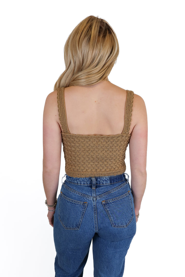 Pink Lily Taupe Crochet Cropped Top (S)