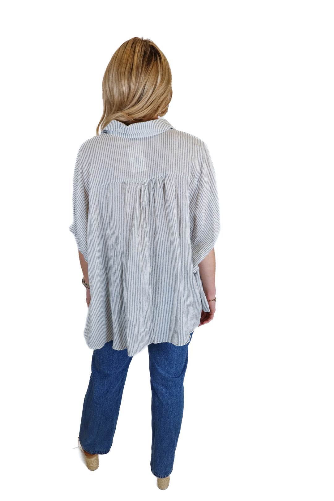 Mustard Seed Beige and Light Blue Stripe Short Top (S)