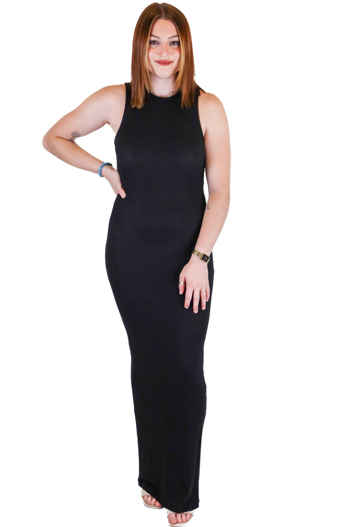 Skims Black Maxi Ribbed Bodycon Dress (S)