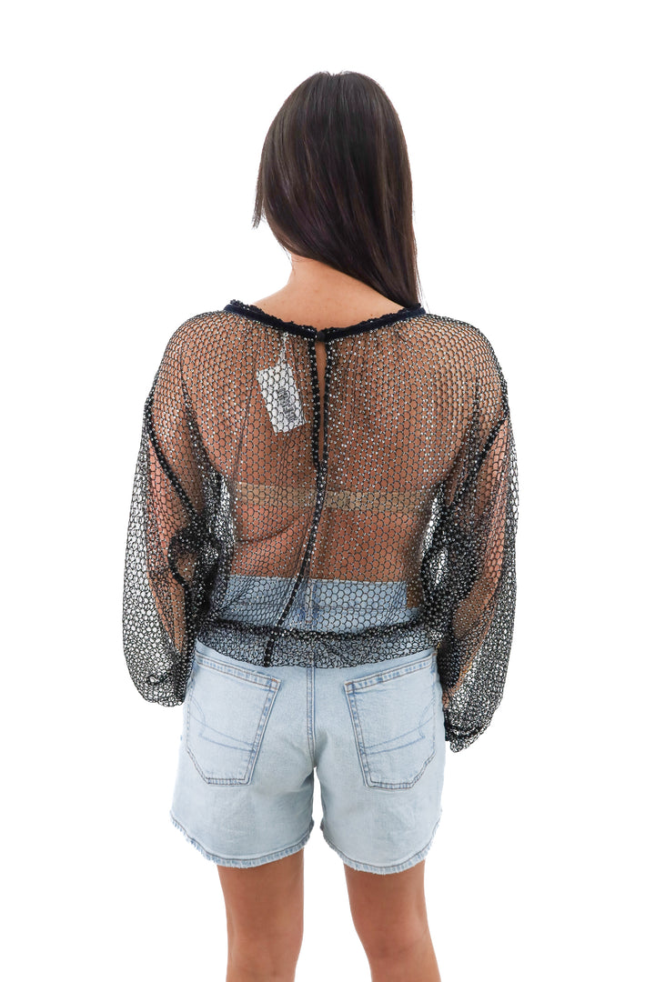 free people black sequin netted top (l; retail $148)