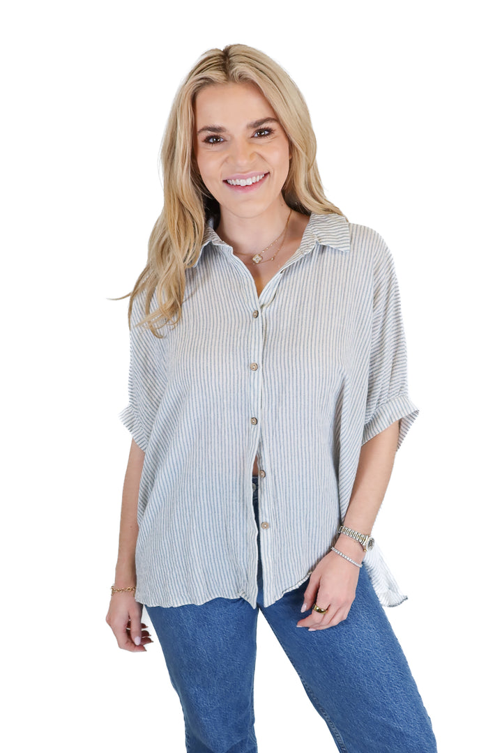 Mustard Seed Beige and Light Blue Stripe Short Top (S)