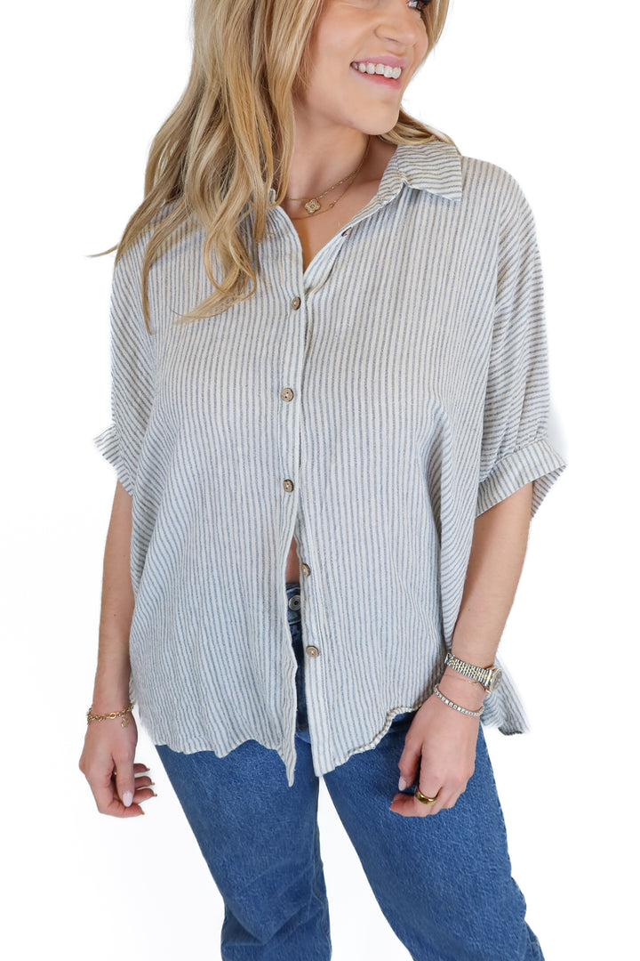 Mustard Seed Beige and Light Blue Stripe Short Top (S)