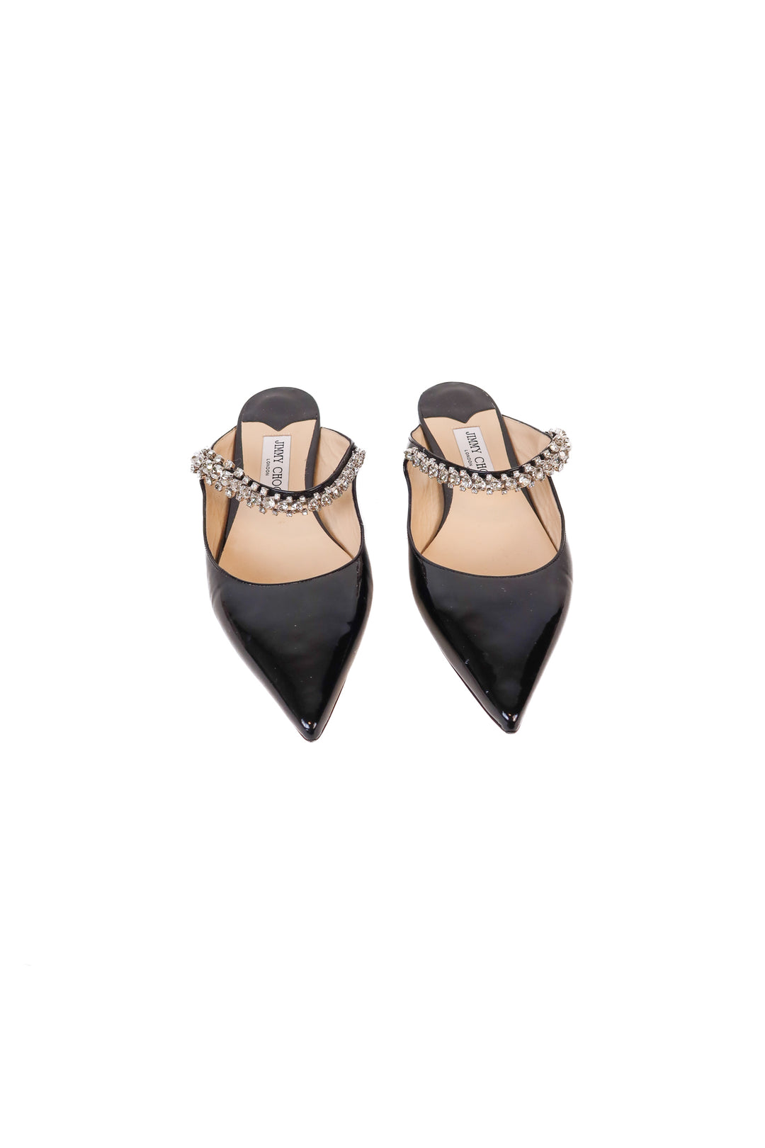 Jimmy Choo bing Black Patent Leather Mules with Crystal Strap (39; retail $1095)
