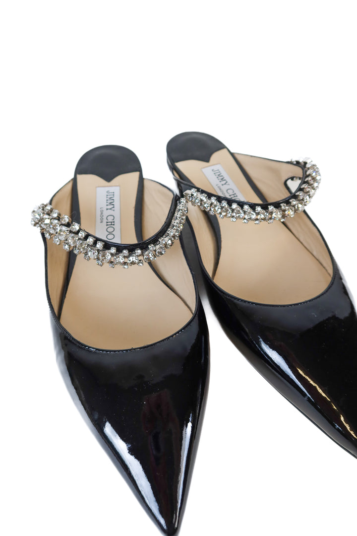 Jimmy Choo bing Black Patent Leather Mules with Crystal Strap (39; retail $1095)