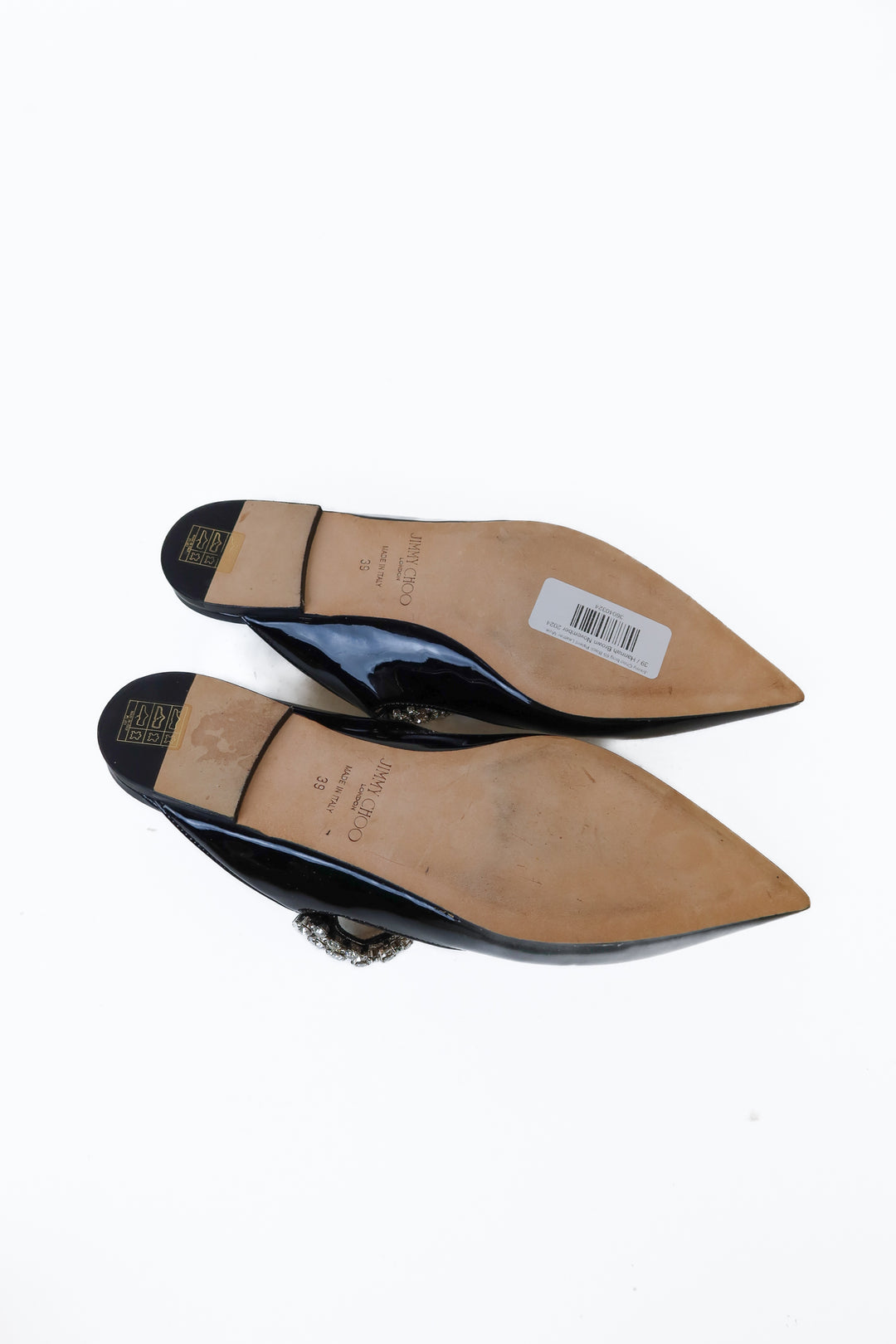 Jimmy Choo bing Black Patent Leather Mules with Crystal Strap (39; retail $1095)