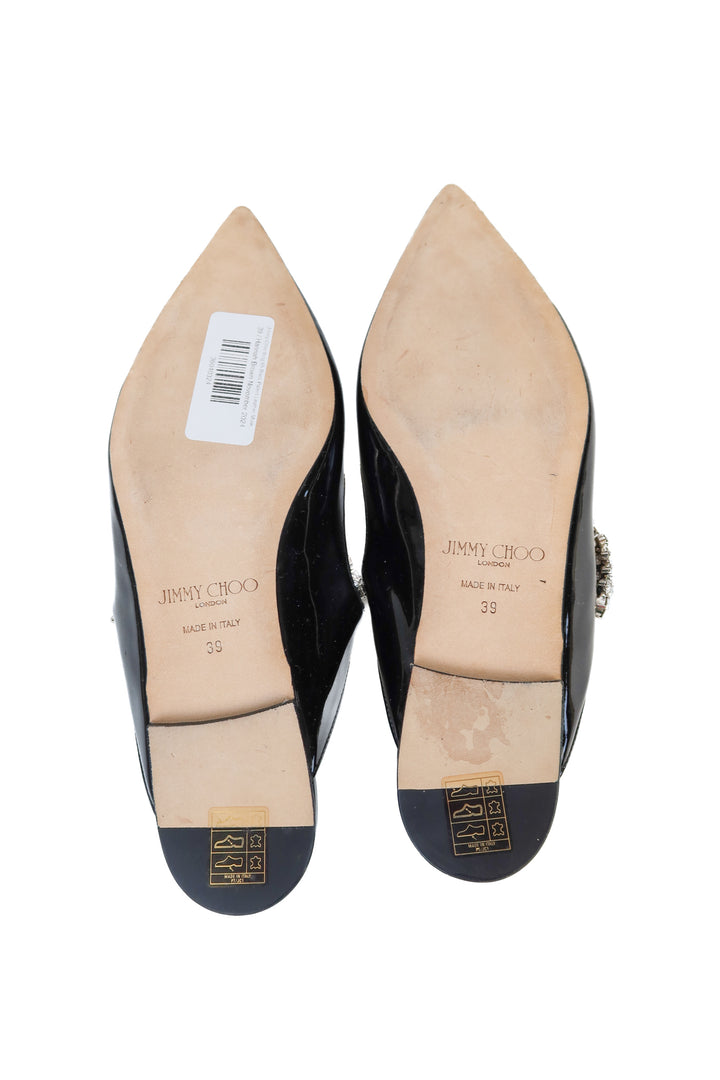 Jimmy Choo bing Black Patent Leather Mules with Crystal Strap (39; retail $1095)