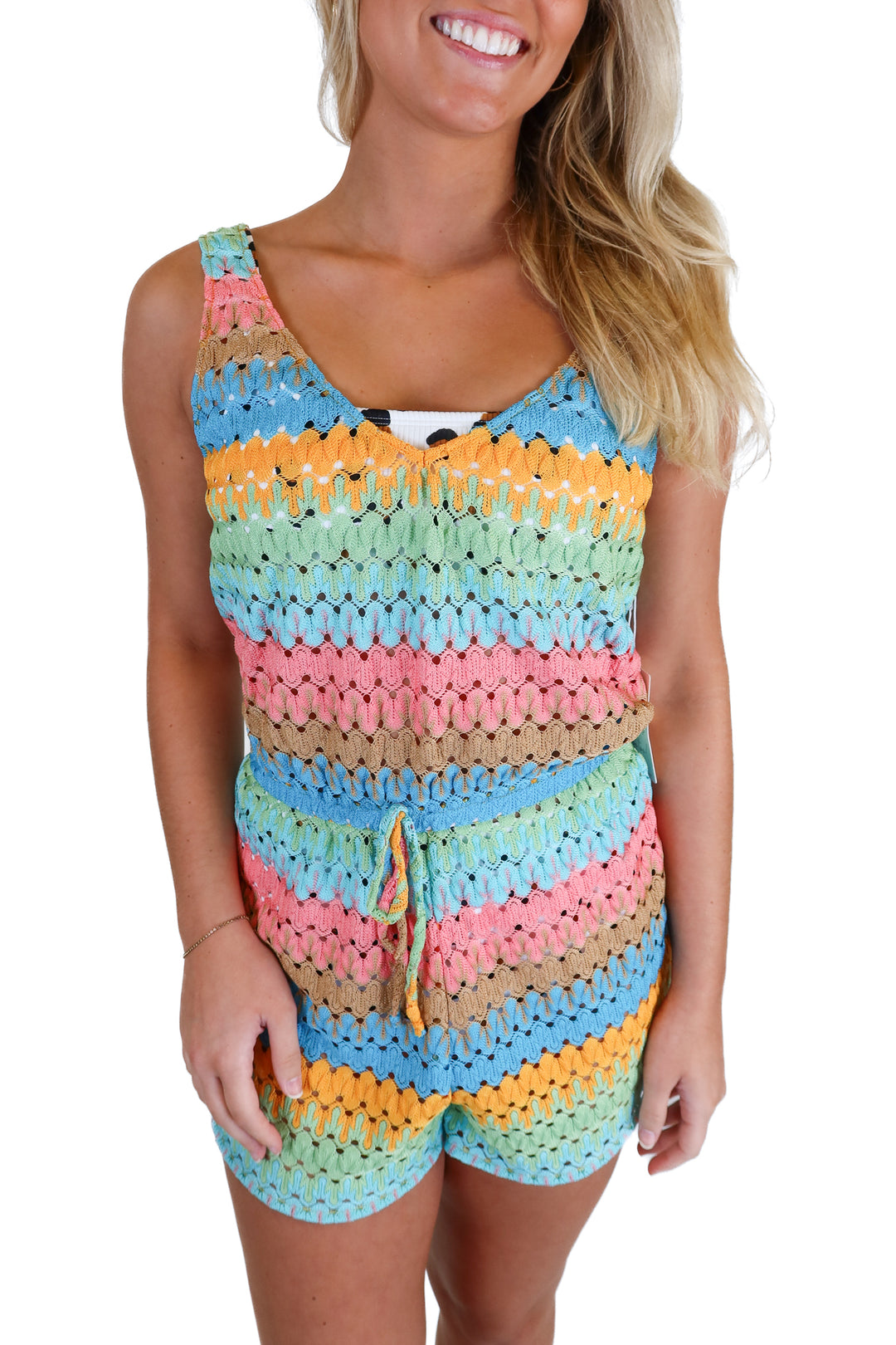 Show Me Your Mumu multi stripe crochet romper NWT (XS)