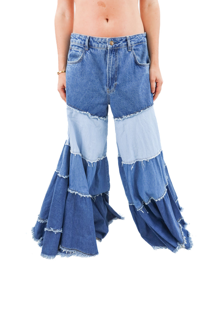 we the free denim colorblock frayed wide leg pants (31; retail $248)