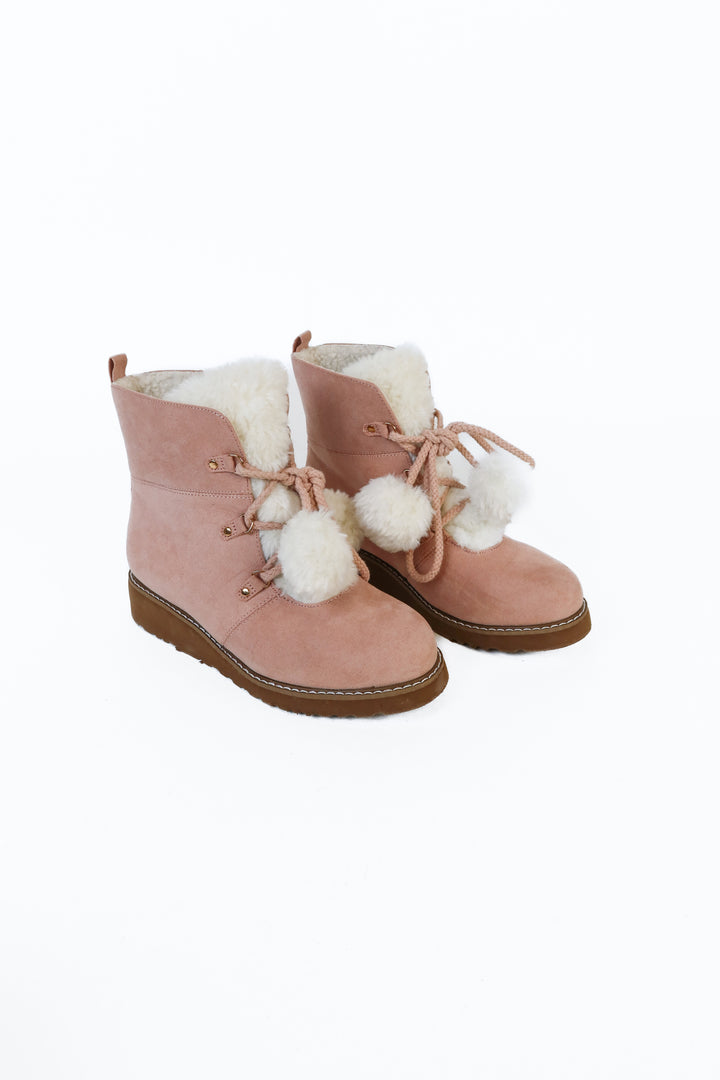 Just Fab Blush Pink Faux Suede Sherpa Pompom Booties (6.5)
