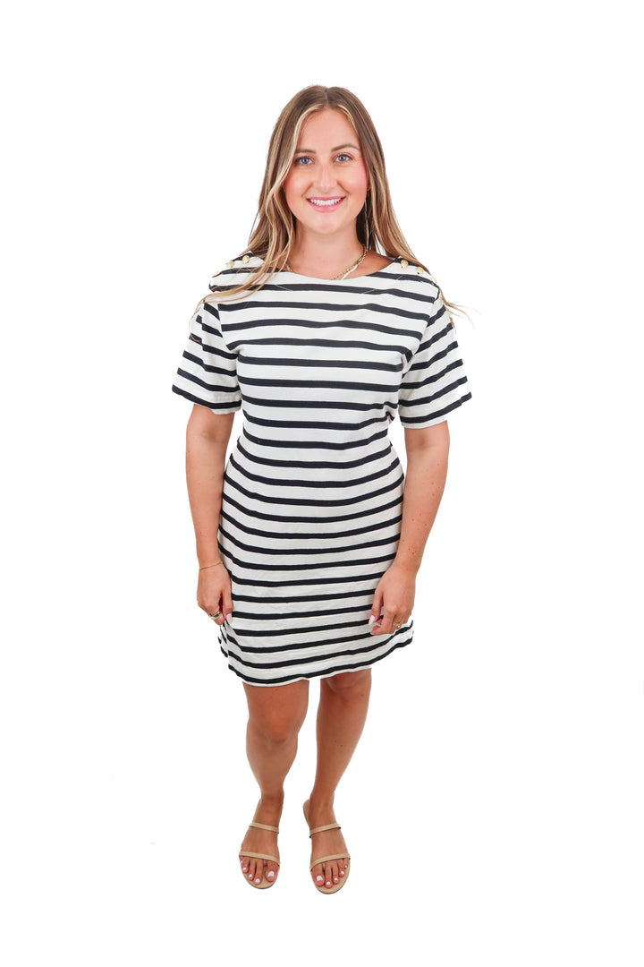 j.crew black striped tshirt dress (m; retail $128)