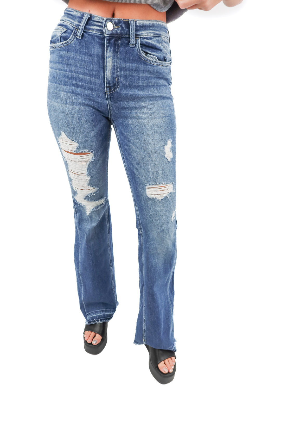flying monkey medium wash distressed flare jeans (26; retail $74.99)