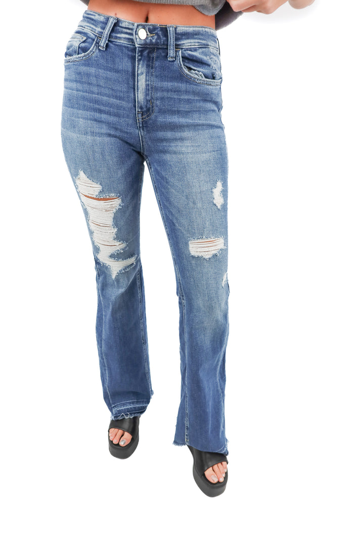 flying monkey medium wash distressed flare jeans (26; retail $74.99)