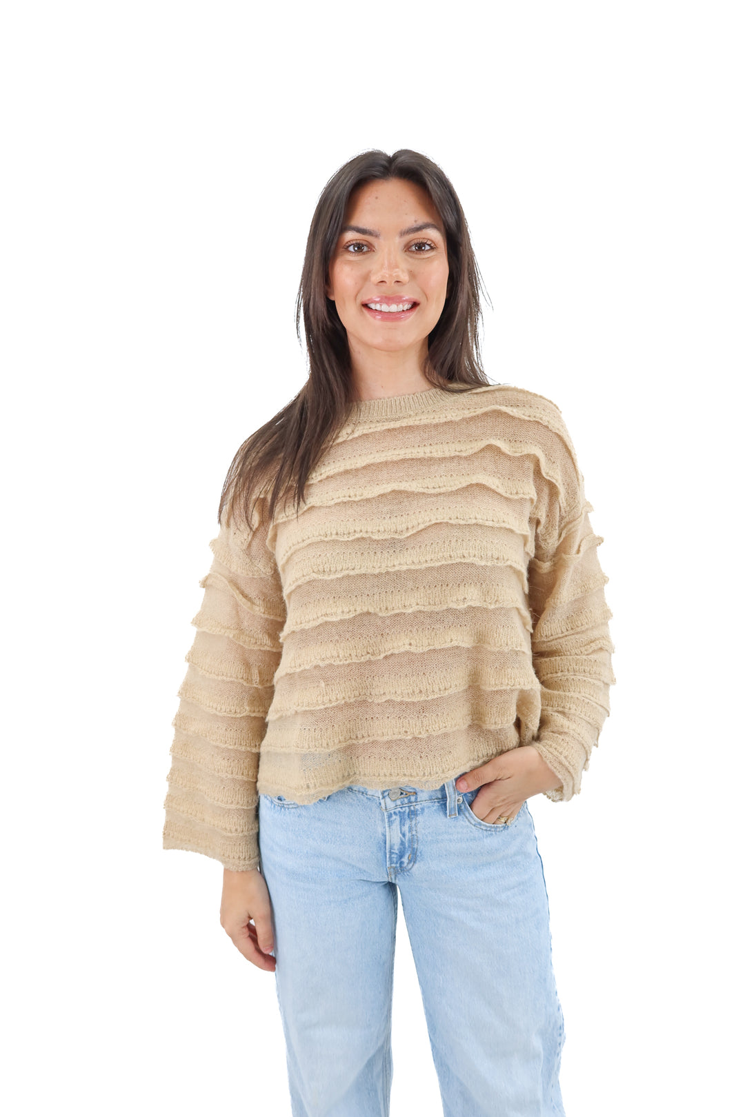 zara beige ruffle sweater (s)