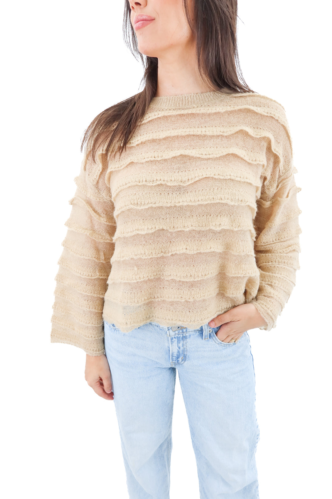 zara beige ruffle sweater (s)