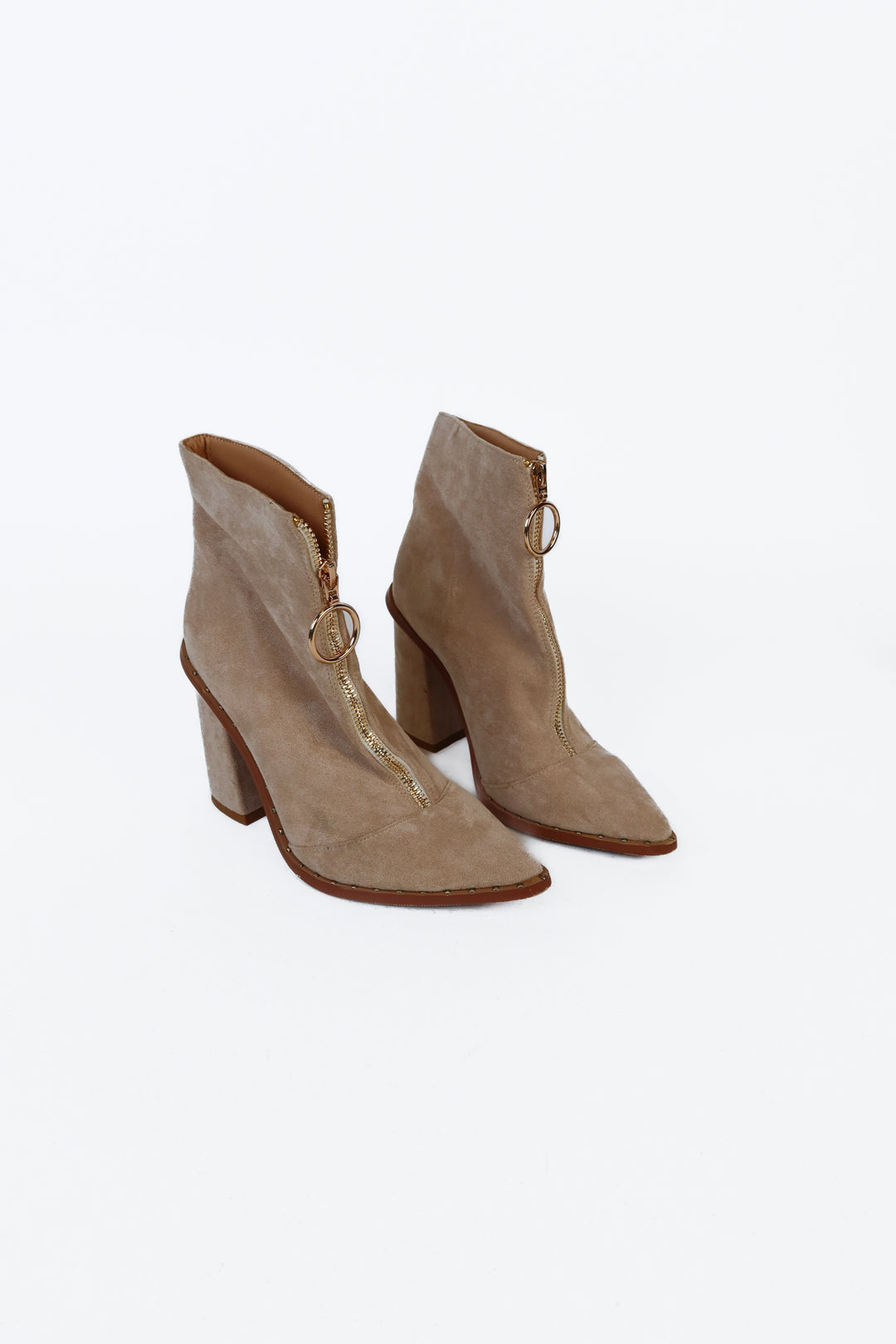 Taupe Suede Gold Zipper Booties