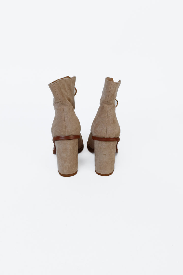 Taupe Suede Gold Zipper Booties