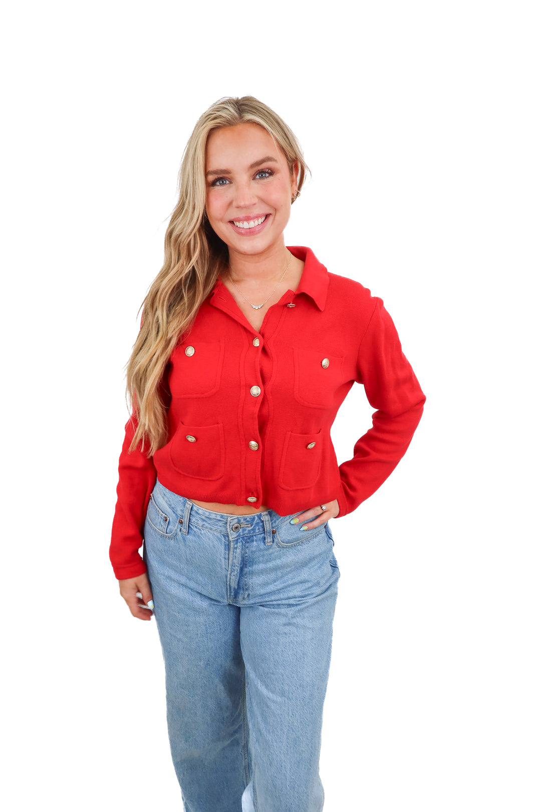 j.crew red button up cardigan (m; retail $138)