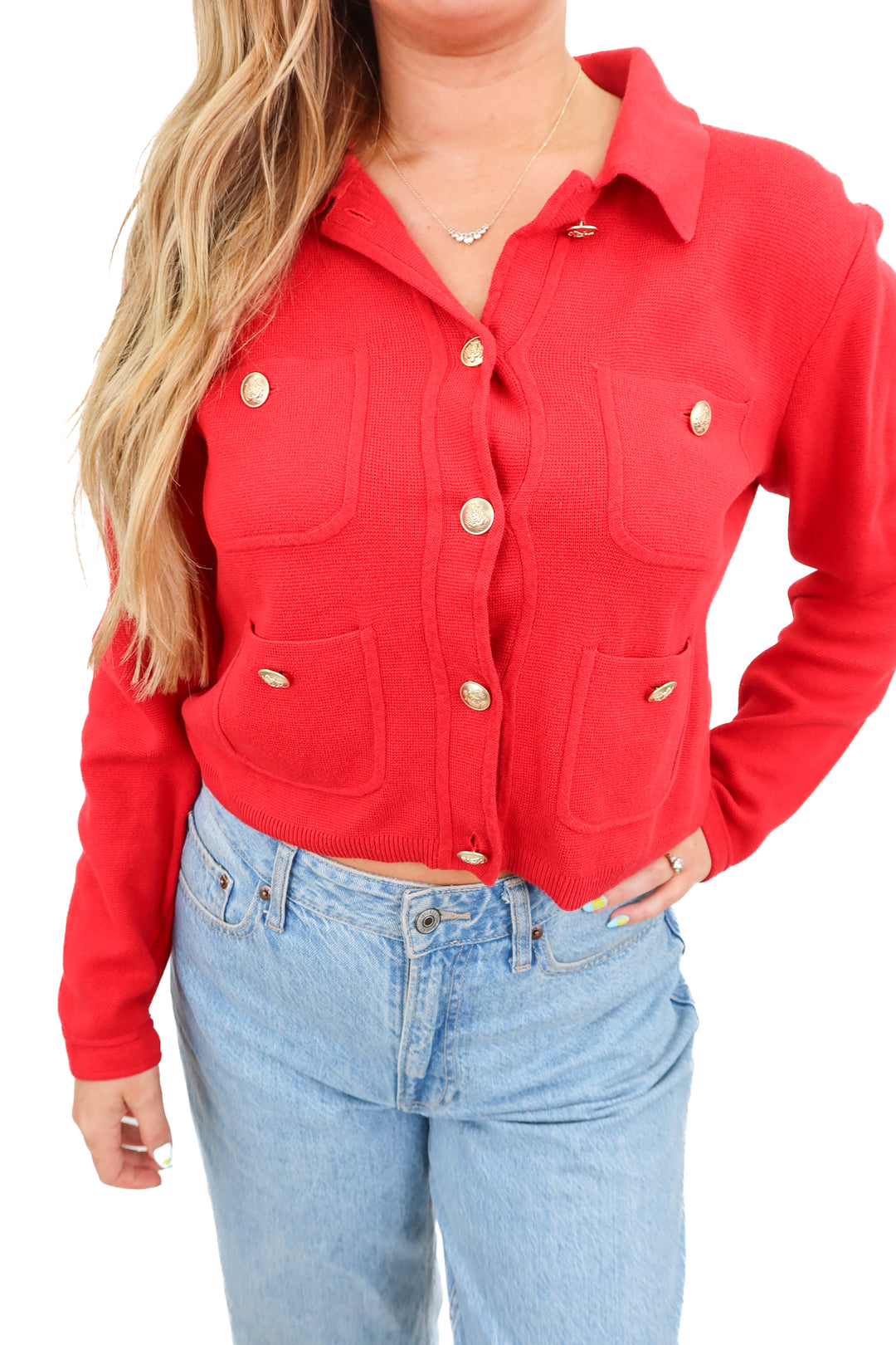 j.crew red button up cardigan (m; retail $138)