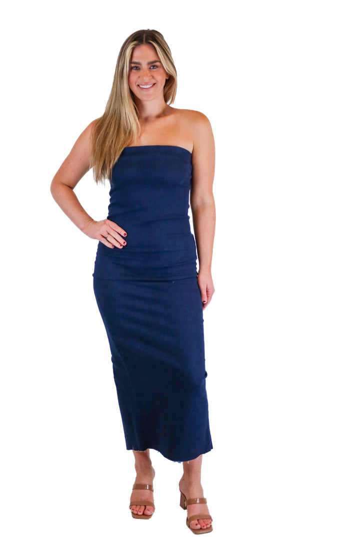 Petal + Pup Dark Denim Strapless Maxi Dress NWT (S; retail $79)