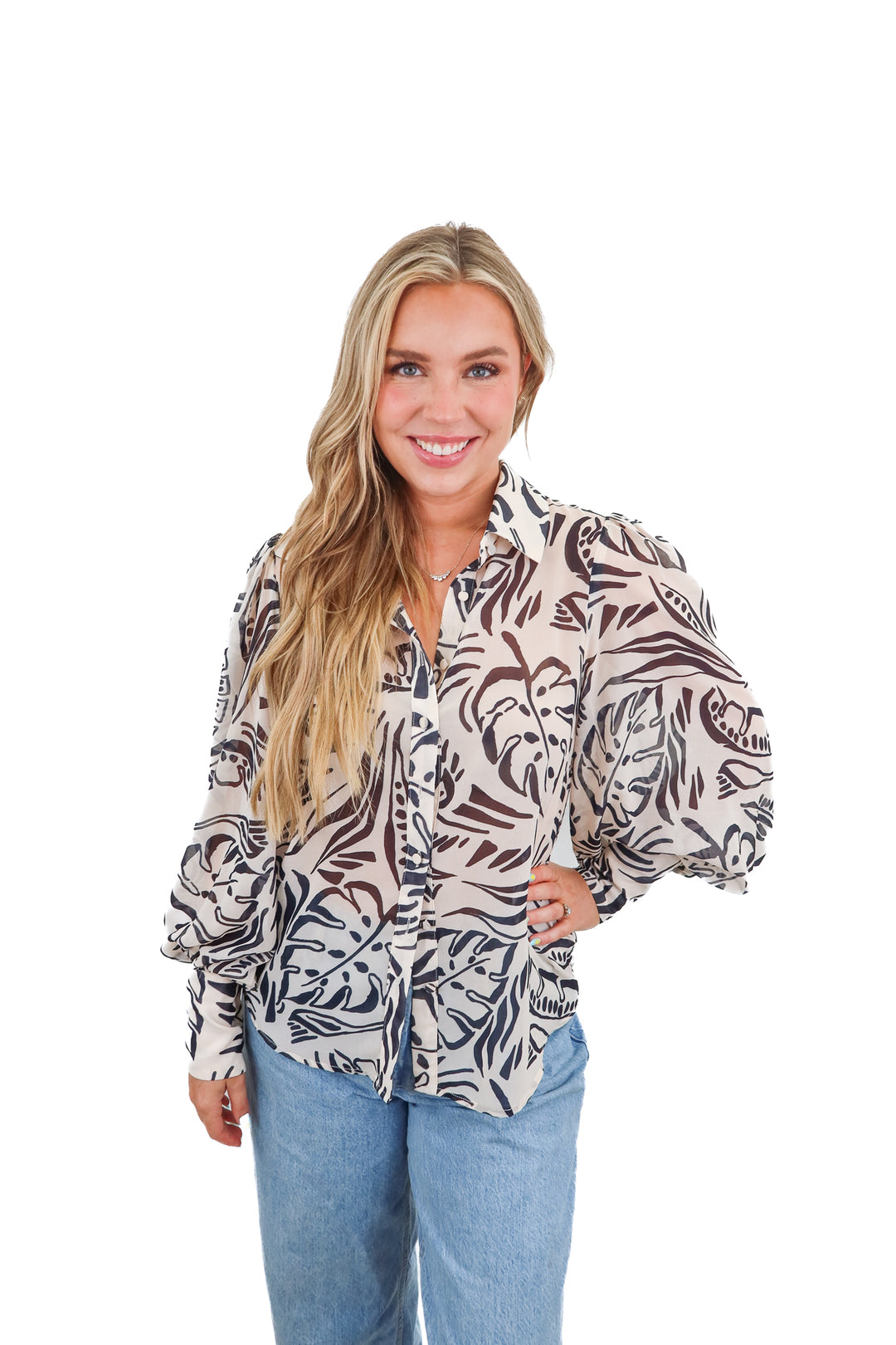 runaway the label abstract print sheer button up (m)