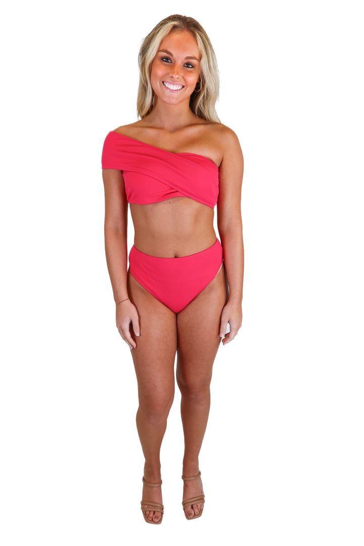 Pink Bandeau and High Waisted Bikini Set (S)