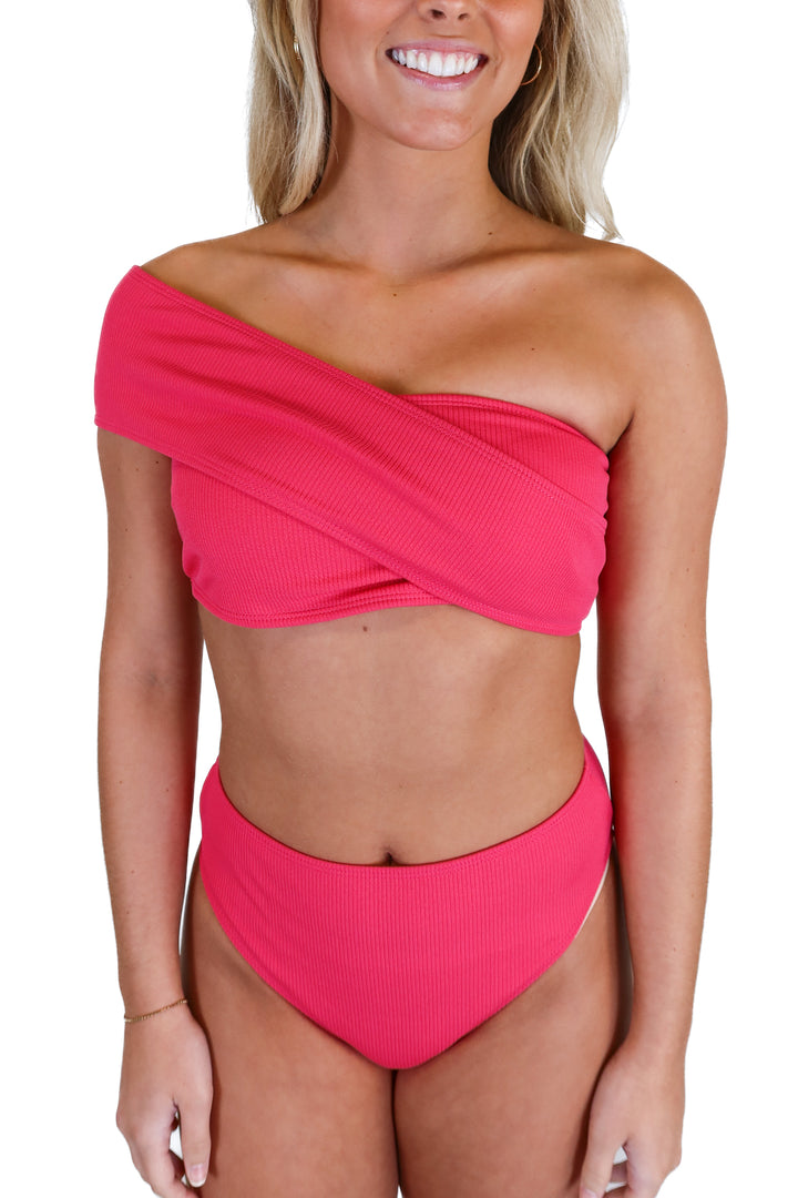 Pink Bandeau and High Waisted Bikini Set (S)