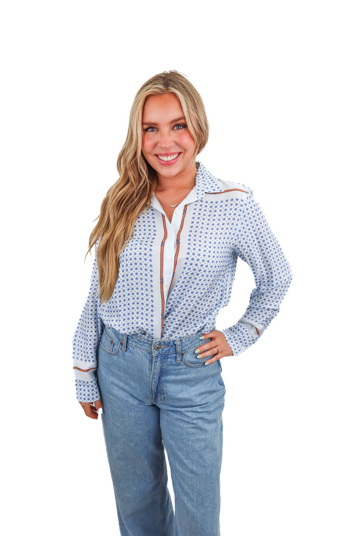 j.crew blue printed button up (m; retail $49.99)