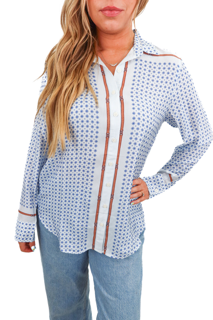 j.crew blue printed button up (m; retail $49.99)