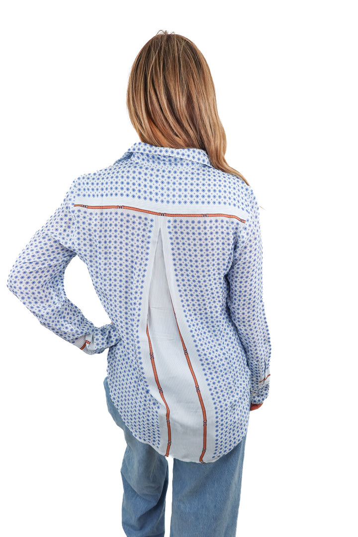j.crew blue printed button up (m; retail $49.99)