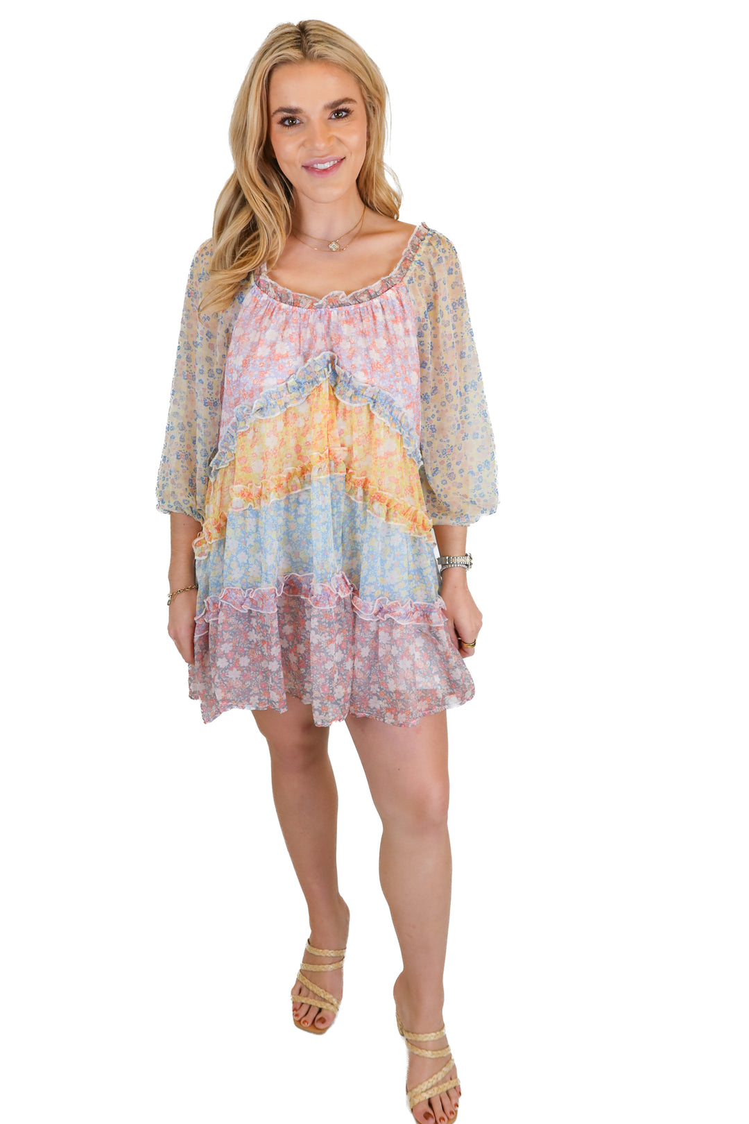 Aura Multicolor Floral Tiered Ruffle Dress (S)