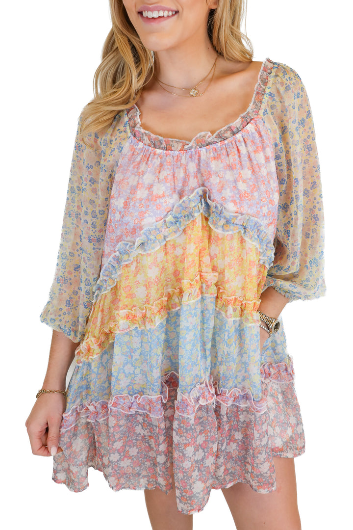 Aura Multicolor Floral Tiered Ruffle Dress (S)