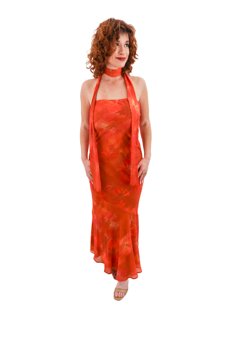 peppermayo orange floral strapless dress w/ neck scarf (s; retail $120)