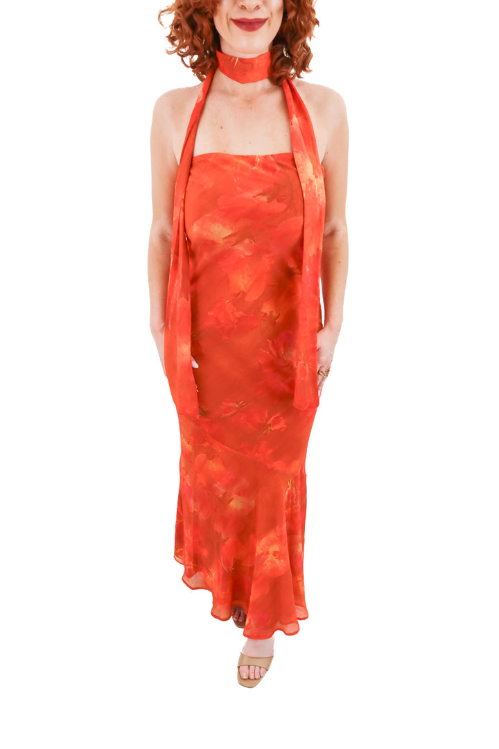 peppermayo orange floral strapless dress w/ neck scarf (s; retail $120)
