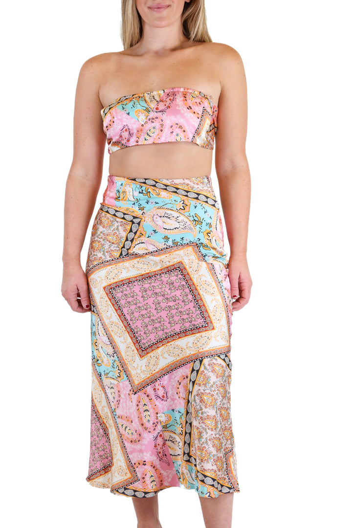 Pretty Garbage Paisley Satin Crop Bandeau & Midi Skirt Set (S)