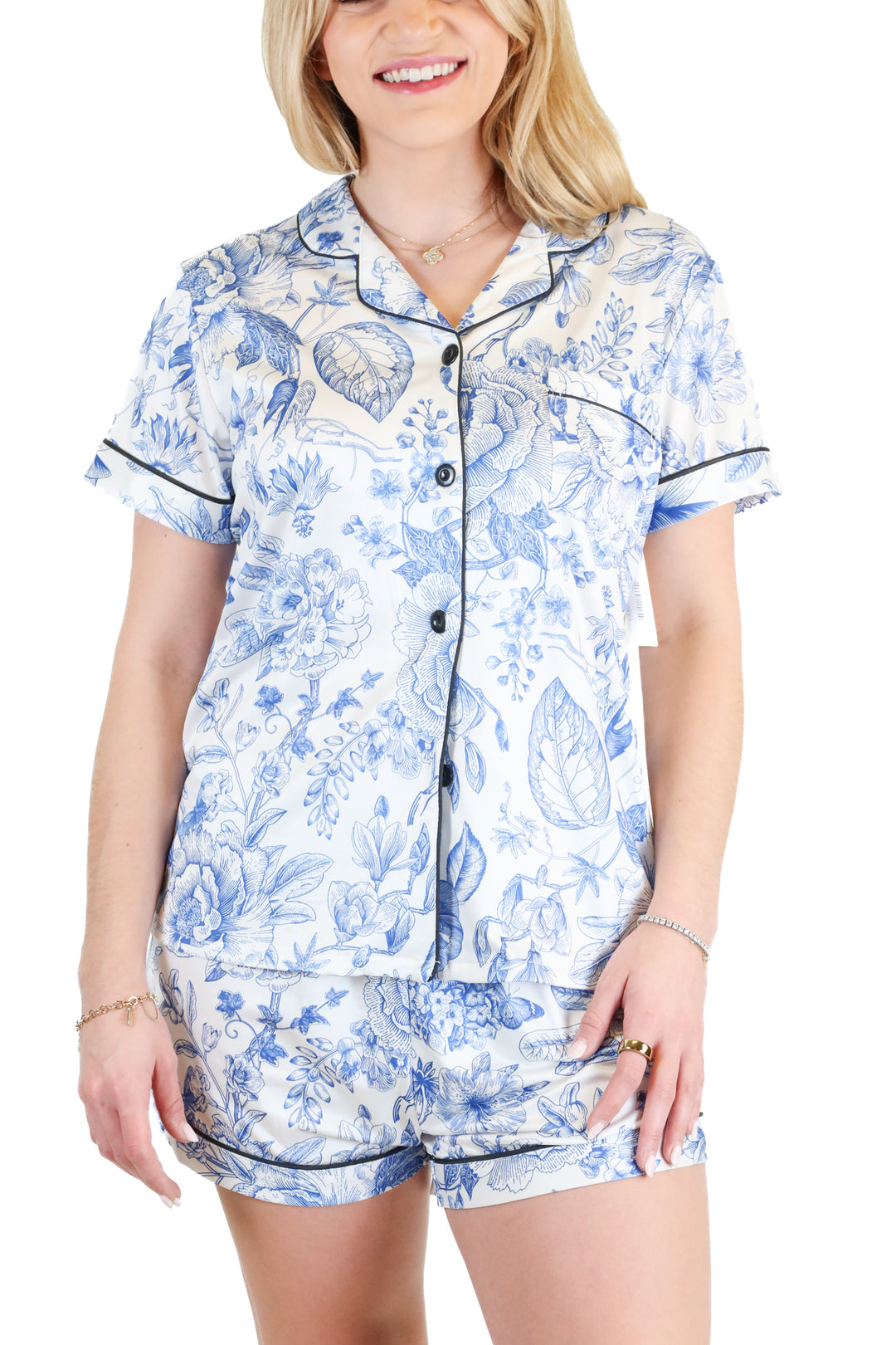 Blue Floral Toile Short-Sleeve Pajama Set (S)