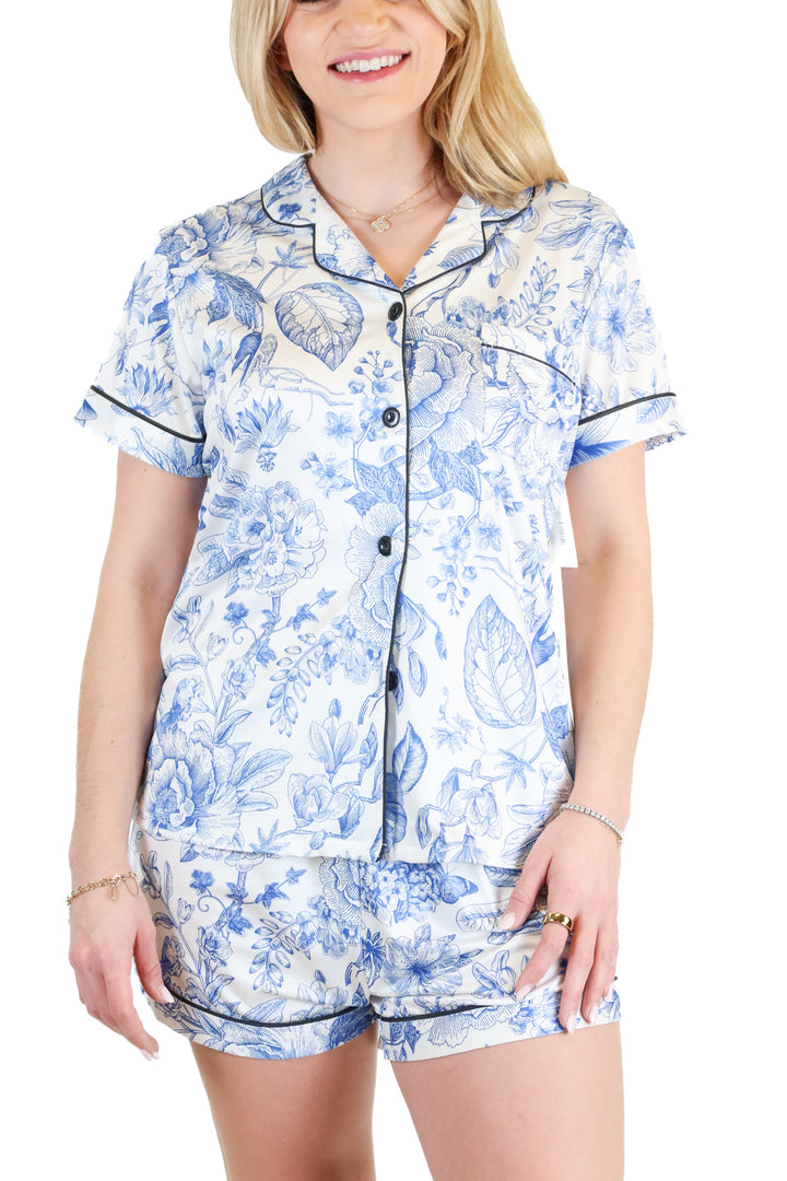 Blue Floral Toile Short-Sleeve Pajama Set (S)