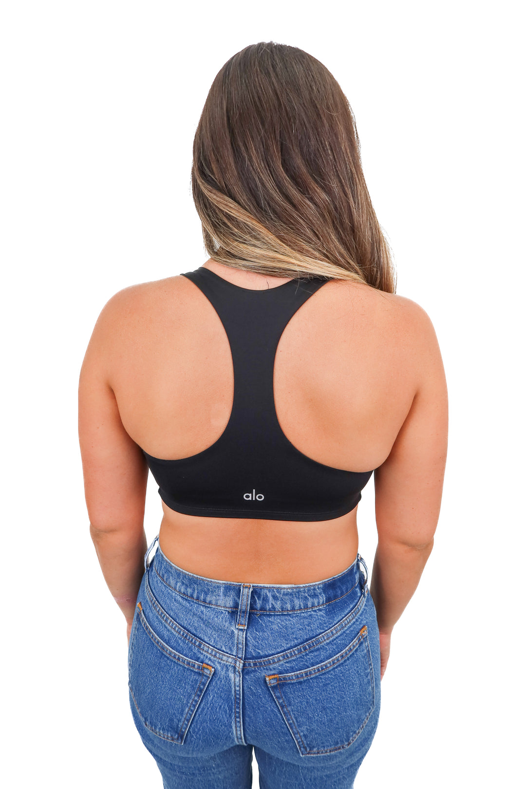 alo black racerback sports bra (s; retail $78)