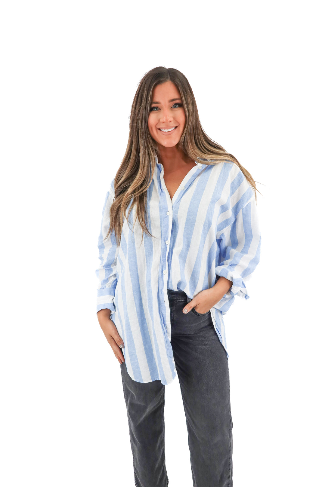 h&m blue/white stripe linen blend blouse (XL)