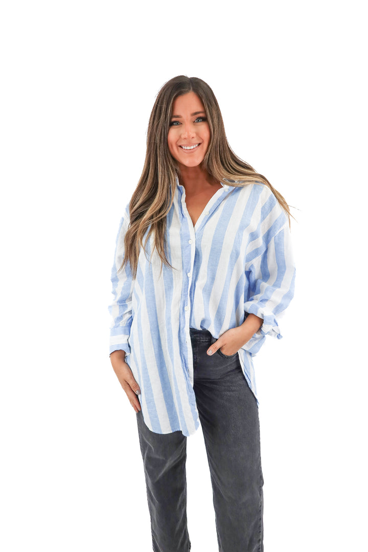 h&m blue/white stripe linen blend blouse (XL)