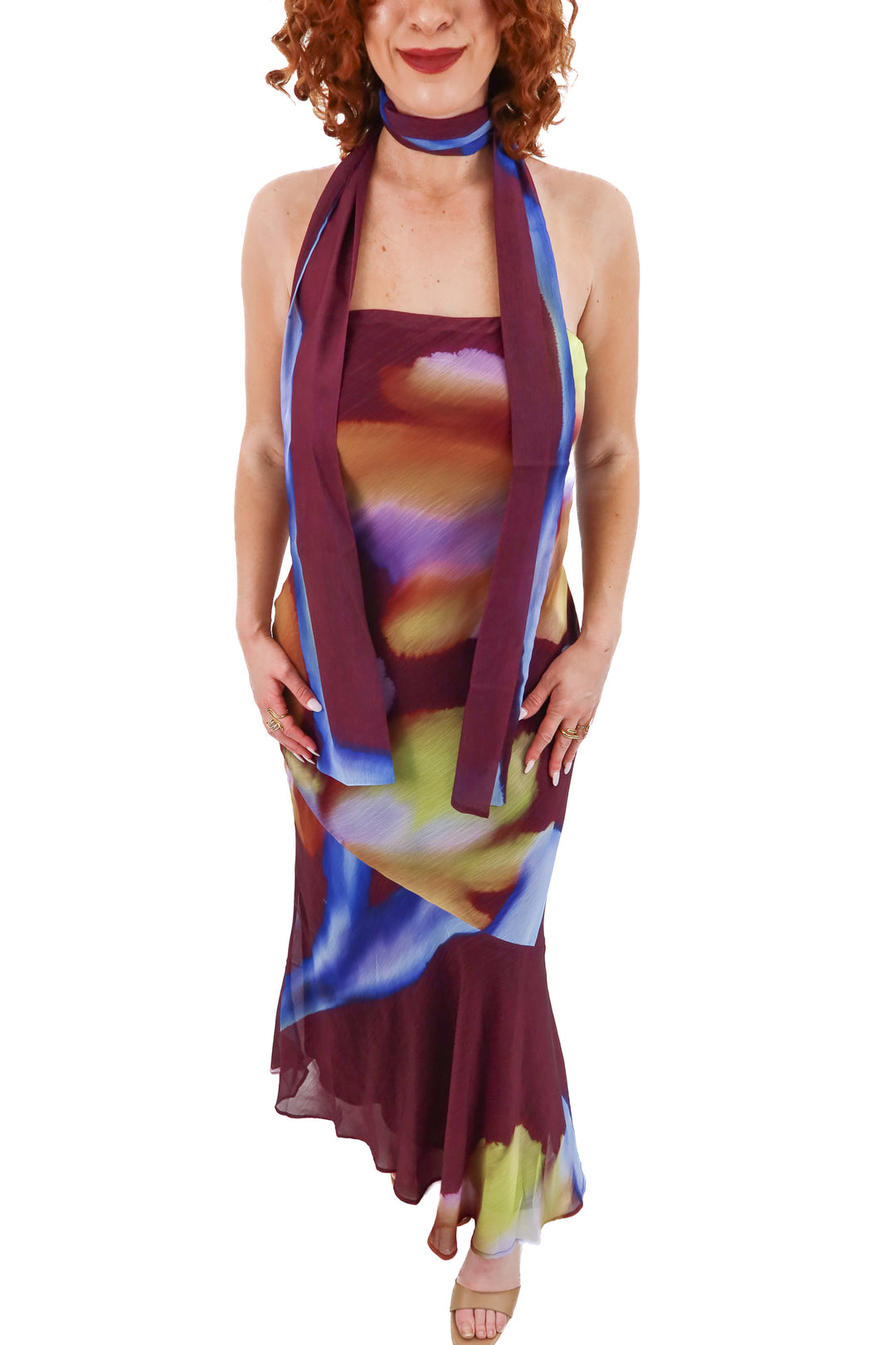 peppermayo purple/multi watercolor strapless midi dress w/ neck scarf (m; retail $120)