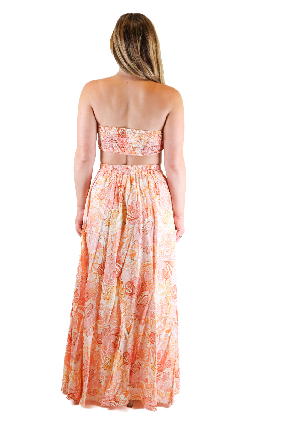 Aakaa Peach Floral Crop Top & Maxi Skirt Set (S)