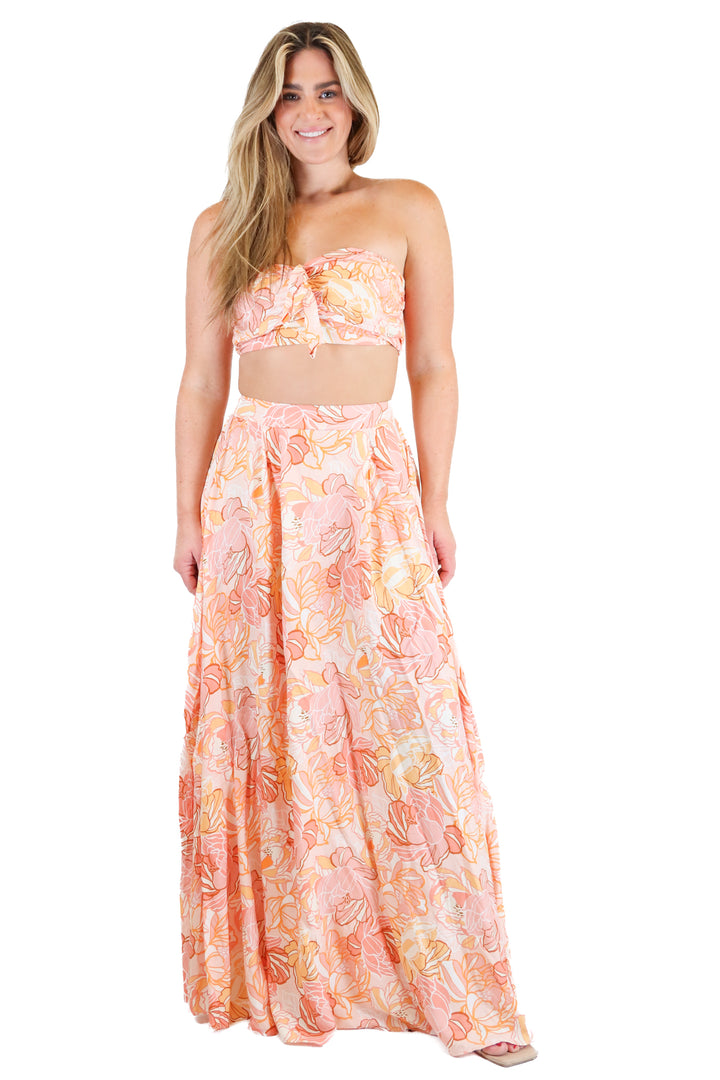 Aakaa Peach Floral Crop Top & Maxi Skirt Set (S)