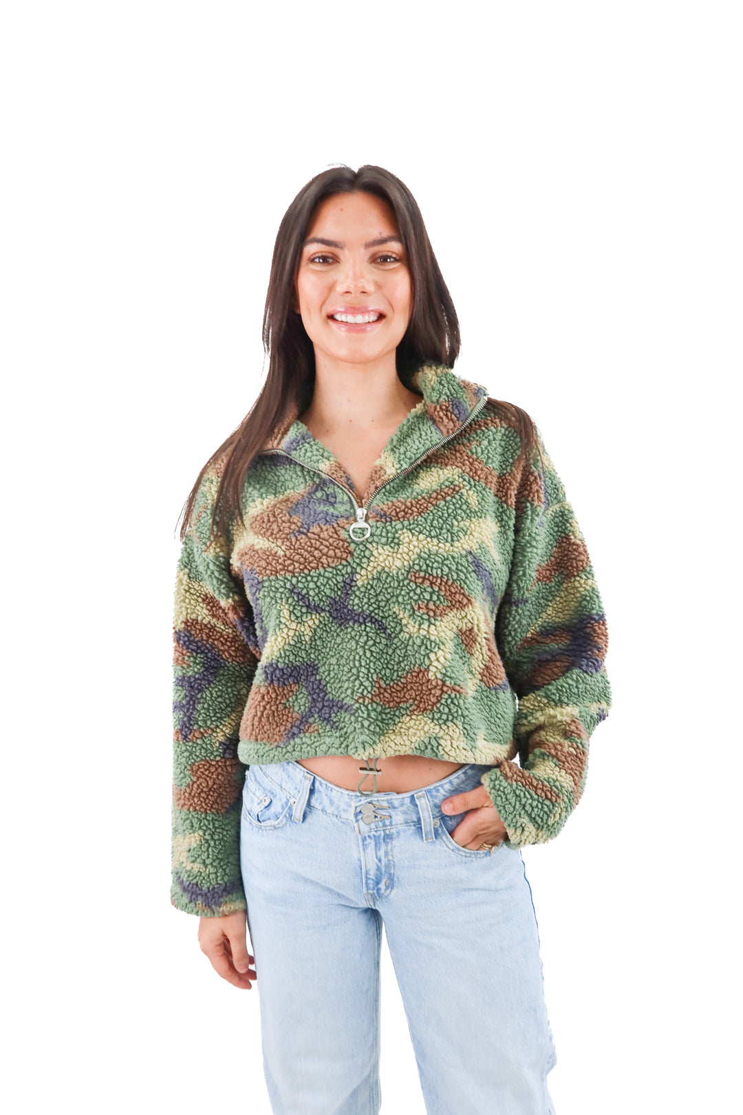 forever 21 camo sherpa 1/4 zip pullover (m)