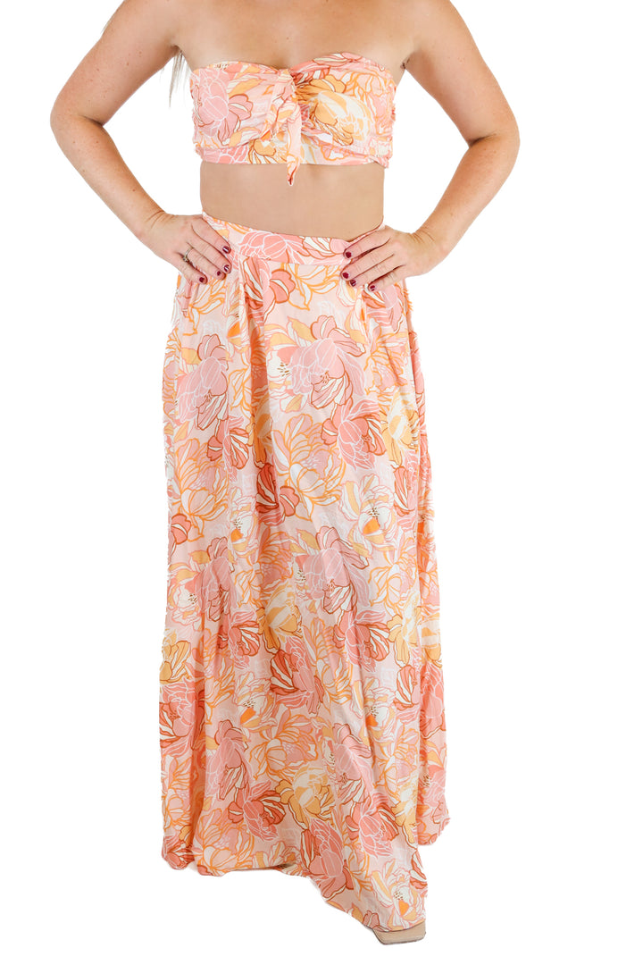Aakaa Peach Floral Crop Top & Maxi Skirt Set (S)