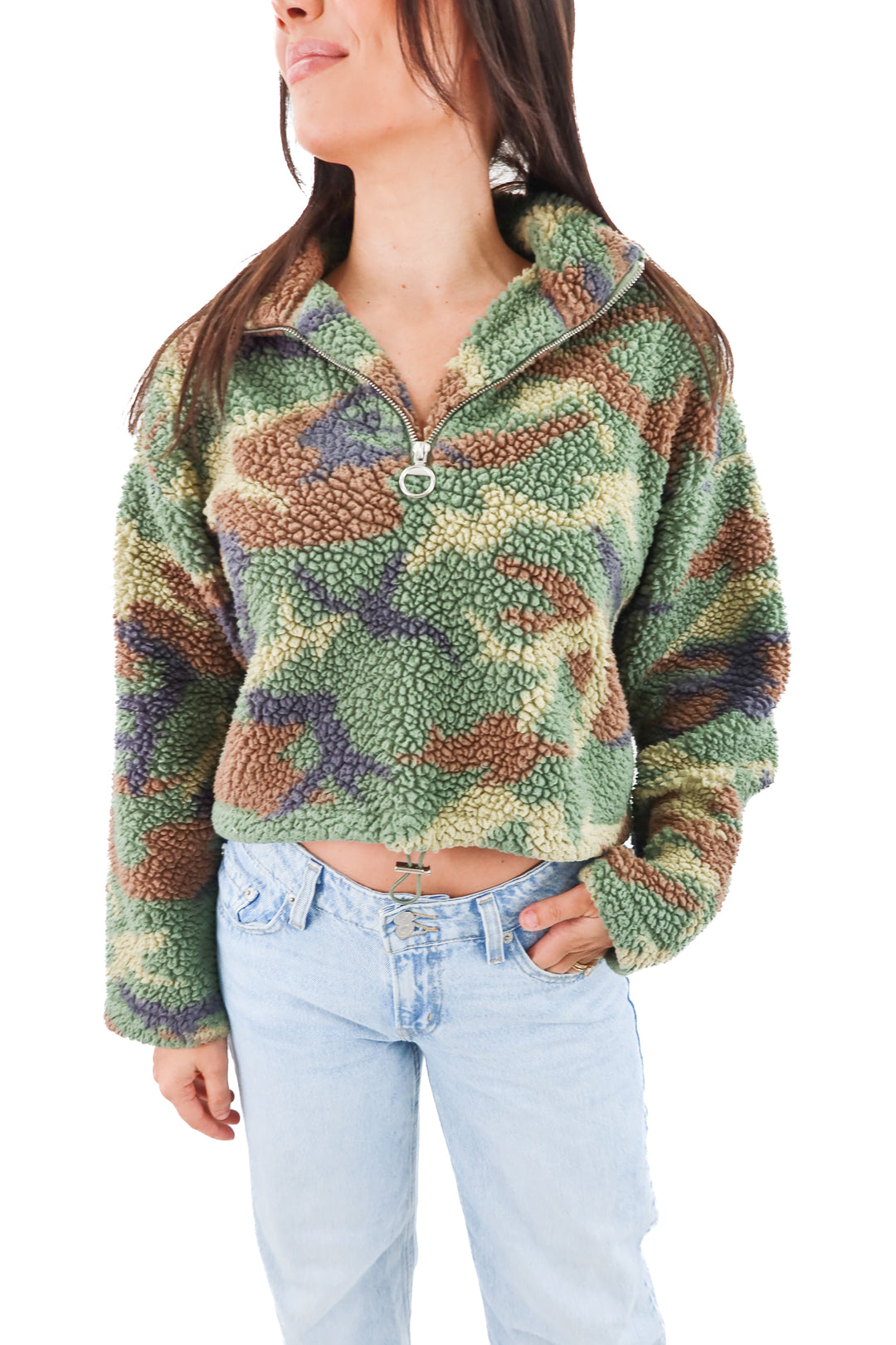 forever 21 camo sherpa 1/4 zip pullover (m)