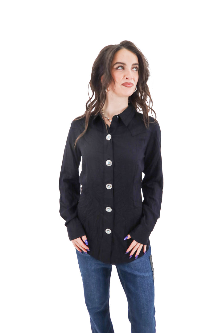 wrangler retro black long sleeve button up top (s; retail $99)